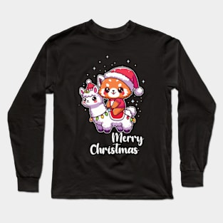 Cute Kawaii Red Panda Merry Christmas Llamas With Red Panda Long Sleeve T-Shirt